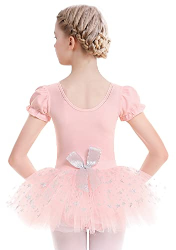 Vestido de ballet para niñas, niños, ballet, tutú, manga corta, traje de ballet, de algodón, vestido de danza, maillot con falda rosa, Rosa., 120 cm