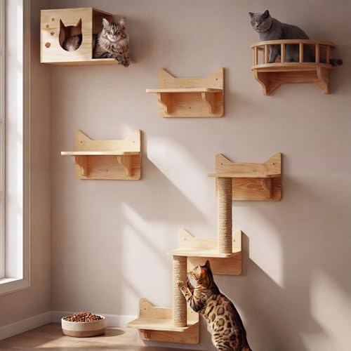 LADVATKIN Katzen Wandregale, Katzenwandmöbel Set, Katzenregale und Sitzstangen für Wand, Kletterregal Spielplatz, Katzenkratzbaum mit 3 Stufen Wandregal Innen Wandmontage Cat Condos Haus
