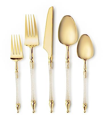 Decorline - 40 Couverts en Plastique Réutilisables Fourchettes Cuillères Couteaux - Ensemble de Couverts pour 8 Invités - Dîner Salade Soupe Thé - Poignée Robuste - Paillettes dor avec dessus doré
