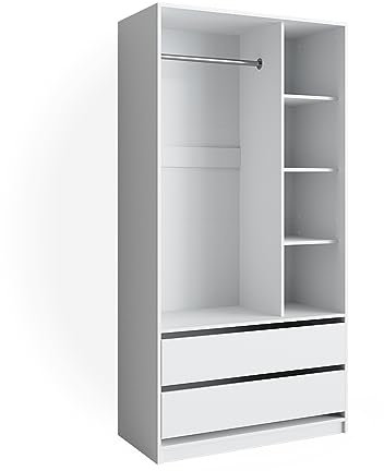 Vicco Kleiderschrank Elmo, Flügeltürenschrank, Weiß, 100 x 200 cm mit 2 Schubladen