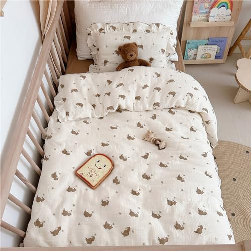 AOJIM Baby-Bettbezug mit kleiner Biene und braunem Bär, 1 Stück, reine Baumwolle, Kinder-Bettwäsche, Kleinkind-Bettbezug 150 x 200 cm, gerüschtes Design, Bettdeckenschutz für Mädchen und Jungen, keine