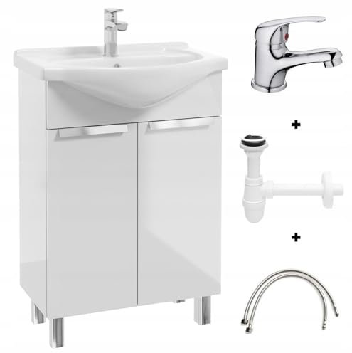 .Deftrans waschbecken mit unterschrank 60 x 85 x 43,5 cm -waschtisch mit unterschrank und Waschtischarmatur, gäste wc waschbecken mit unterschrank 60 cm weiß