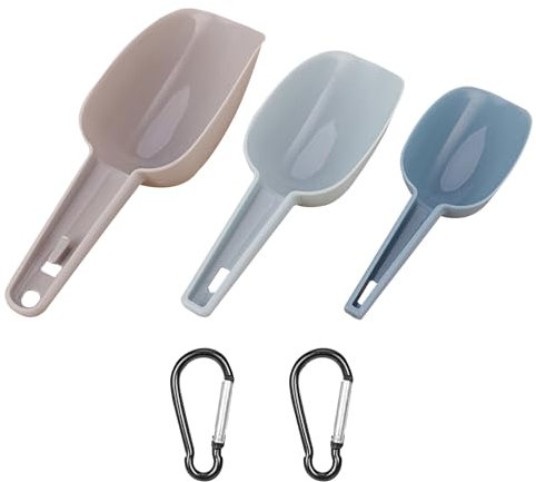 3 palette per riso, 3 moschettoni, paletta per farina domestica, paletta per cubetti di ghiaccio, pala per cereali, paletta per alimenti per animali domestici, paletta per popcorn, pala in plastica