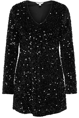 ONLY Sequins V-Neck Dress Wvn Onlanika LS Paillettes Abito con Scollo a V, Nero, XL Donna