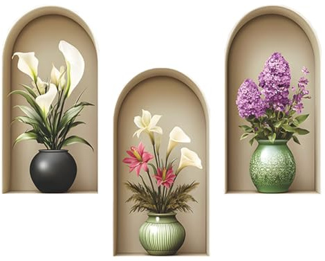 Auriselle 3 piezas 21 * 39 cm Adhesivos decorativos con motivos de plantas y jarrones de flores Adhesivos 3D para paredes con plantas verdes y hojas Adorno moderno para salón, oficina, hotel o cocina