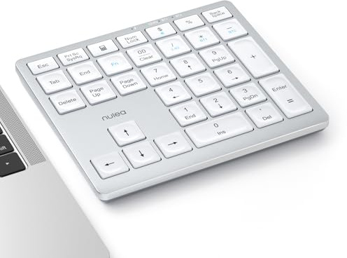 Nulea Wireless Bluetooth 5.0 Portable Numeric Keyboard, USB-C Rechargeable, 34-Keys Bluetooth Keyboard for Data Entry, Compatible for Laptop, Mac, iMac, Tablet, PC Desktop Silvery white
