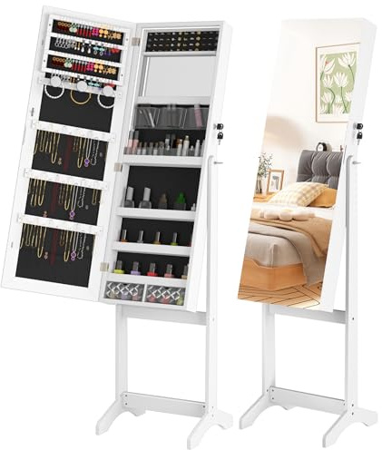 Suusolny Schmuckschrank mit Innenspiegel für Schminke Abschließbare Schmuckaufbewahrung für Ohrringe Spiegelschrank abschließbar Schmuck Organizer mit Stauraum Schmuckregal mit Ständer - Weiß