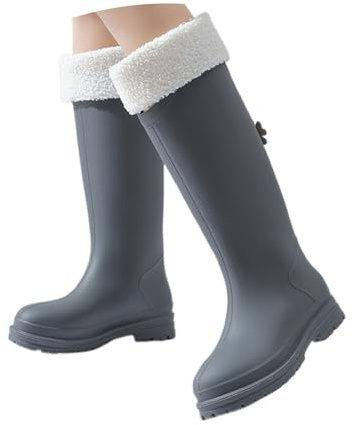 Allbestop Bottes Pluie Mollets Larges, Chaussures Femme Confort Chic Bottes Caoutchouc Fourrées Femme Chaussure Hiver Bottines Mi-Mollet à Talon Carré pour Confortable pour Chaussures Hiver(Gris,39)