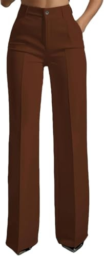 2026 - Pantalones de traje de cintura alta para mujer, de pierna recta, pantalones de vestir de primavera de cintura alta para negocios, casual, trabajo, pantalones de vestir, marrón oscuro, M