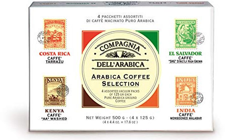 Caffè Corsini - Caffè Macinato Selezione Arabica Kenya, Costarica, India, El Salvador, Cofanetto Regalo, 4 x 125g
