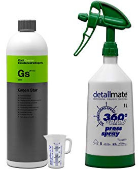 Detailmate Set - Koch Chemie Green Star Universalreiniger 1L + detailmate made by Kwazar Mercury Super PRO+ 360 Grad Sprühflasche. Double Action Trigger, 1 Liter/Skalierter Messbecher 50 ml
