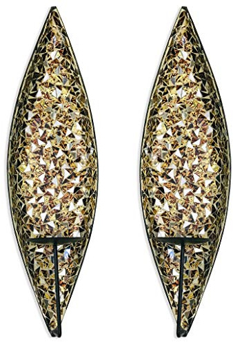 DecorShore Bella Palacio” Glass Mosaic & Metal Wall Mounted Decorative Candle Holder Wall Sconce,Set of 2, Large Size 18 in. Light Weight Wall Decor (Golden Sands)