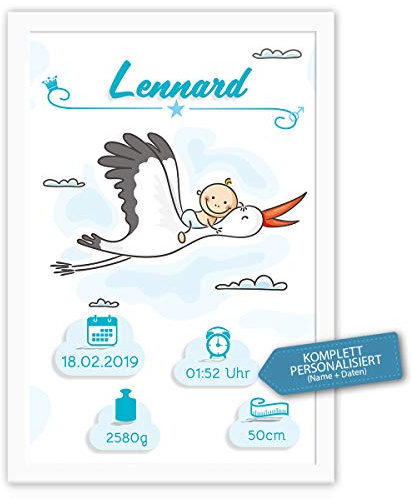 Willkommen Baby - Junge - Bild mit Geburtsdaten des Babys. INKLUSIVE RAHMEN. Hochwertiger Druck mit Name und Geburtsdaten des Kindes. Geschenk zur Geburt: Baby auf Storch