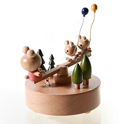 Chonor Scénarios Innovants Boîte à Musique en Bois, Premier Boîte à Musique Créatif Main Manivelle Boîte Décorative en Bois Cadeau et Décorations Idée pour Anniversaire, Noël - Ours Lapin Bascule