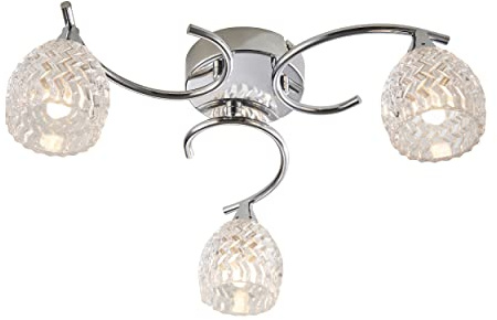 National Lighting Reagan Decorative Silver Chrome Curved Arm Semi Flush Ceiling Light with 3 Patterned Cut Glass Shades