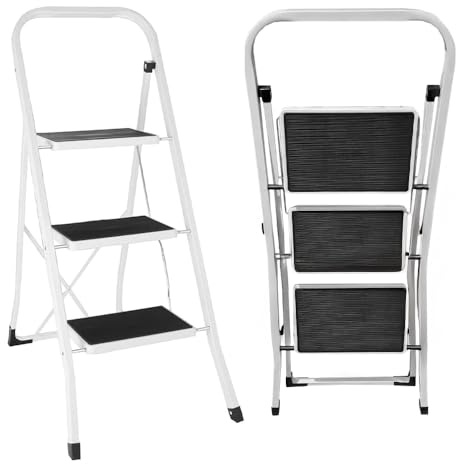 Foldable 3 Step Steel Ladder - Non Slip Tread Stepladder Safety, Kitchen Home Industrial DIY Steel Construction | Strong, Durable, Long Lasting Fold, Space Saving