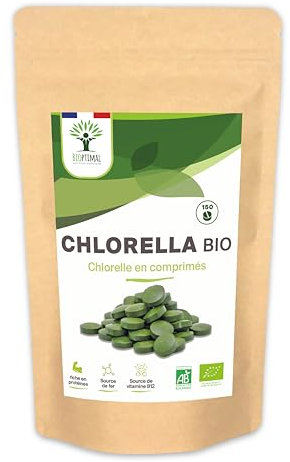 Chlorella Bio - Bioptimal - Complément Alimentaire - Protéine Vitamine B12- Poudre Chlorelle Pure - Compressé à froid - 500mg / Comprimé - Conditionné en France- Certifié Ecocert - 150 comprimés