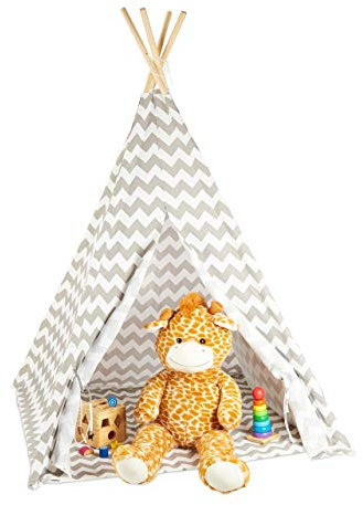Relaxdays Tipi Zelt, Spielzelt mit Boden, inklusive Tragetasche, Wigwam Kinderzelt, HxBxT: 160 x 115 x 115 cm, weiß-grau