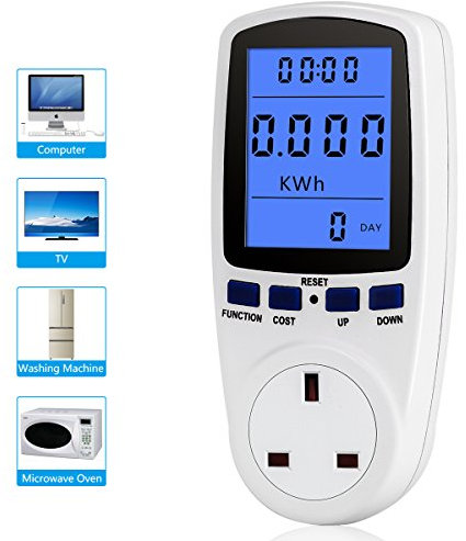 Electricity Power Usage Monitor, LCD Multifunctional Energy Consumption Monitor, UK Power Meter Plug with Overload Protection, Watt Volt Amps KWH Consumption Analyzer for Safety and Energy Saving
