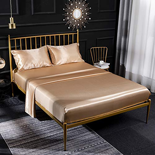 Juego de sábanas de seda satinada color crema de 4 piezas con sábana bajera de satén, sábana encimera, funda de almohada, transpirable, suave y cómodo, tamaño superking
