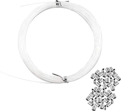 Invisible Hanging Support Up to 60lbs, 98Feet(30M) Clear Picture Wire with 40 Aluminum Crimping Sleeves, Strong Nylon Wire for Hanging Picture Frame, String Light, Christmas Decor