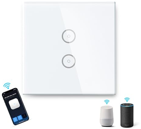 Aigostar Alexa Smart Lichtschalter, 2 Weg Wifi Lichtschalter Kompatibel mit Alexa/Google Home, APP Fernbedienung Intelligenter Schalter mit WLAN Glas Touchscreen, Timing-Funktion, Sprachsteuerung