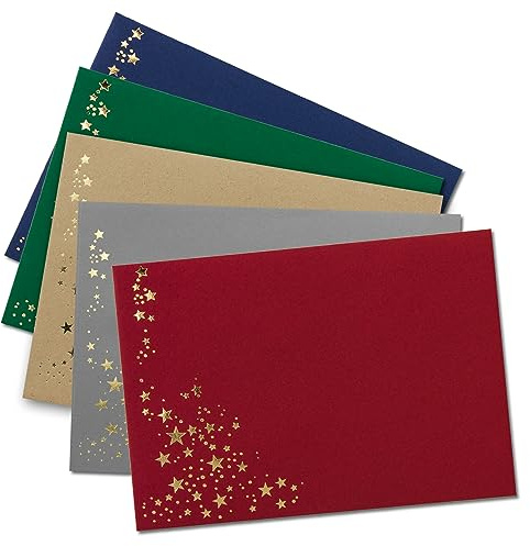 50x Weihnachts-Briefumschläge - DIN B6 - mit Gold-Metallic geprägtem Sternenregen - Farbenmix 1 - je Farbe 10 Stück - Nassklebung - 125 x 175 mm