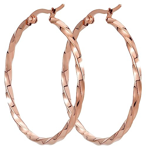 BONNYBIRD® Creolen Rosegold Groß Gedreht Edelstahl Damen Statement Ohrringe Goldene Frauen Kreolen Hoops 40mm Wasserfest Schmuck Vergoldet Hypoallergen Chirurgenstahl Medizinisch Nickelfrei Dünn Rund