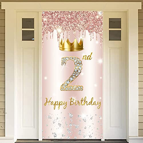 2. Geburtstag Mädchen Deko, Zweiten Geburtstag Türdekoration Roségold, Stoff Schild Durch Hängendes Plakat Hintergrund Banner Party Willkommensschild mit Diamantelement
