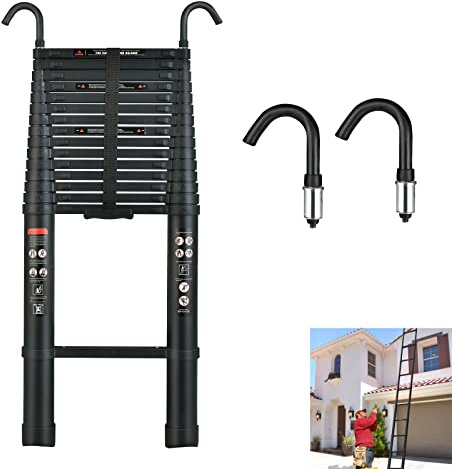 6,2M Teleskopleiter Aluminium Multifunktionsleiter Schwarz Haushaltsleiter Anlegeleiter Mehrzweckleiter Ausziehbare Leiter mit 2 Abnehmbarem Haken Belastbarkeit 150KG