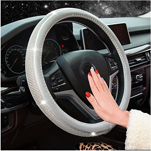 VVLXRIC Lenkradbezug Mit Glitzer, Kristall Lenkrad Bezuege, 15 Zoll Leder Auto Zubehoer Mit Glitzer, Geeignet füR Limousinen,Limousinen,LKW,SUV,Silver