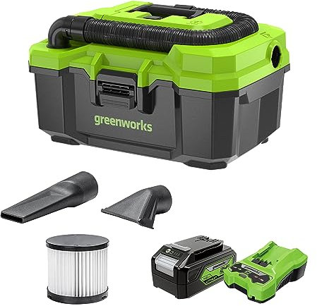 Greenworks 24V Brushless 3 Gallon Cordless Wet/Dry Shop Vacuum with with Hose, Crevice Tool, Floor Nozzle, 4.0Ah Battery and Charger Included