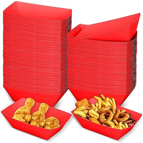 Uiifan 200 Pcs Paper Food Boats Disposable Paper Food Tray Grease Resistant Disposable Serving Tray Cardboard Hot Dog Holder for Burgers Fries Sandwiches Picnic Party (Red)