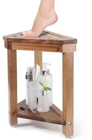 Boulphia Shower Foot Rest 14in, Acacia Wood Shower Stool for Shaving Legs, Waterproof Corner Shower Stool with Storage Shelf for Inside Small Shower Spaces, Wood Color