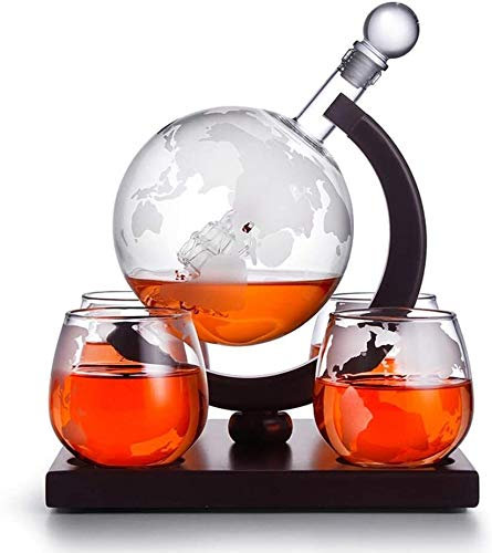 Estante para botellas, estante para vino, soporte para copas de vino, juego de globo decantador de whisky, globo decantador de whisky con 4 vasos de whisky de globo grabado, decantador de globo de 8