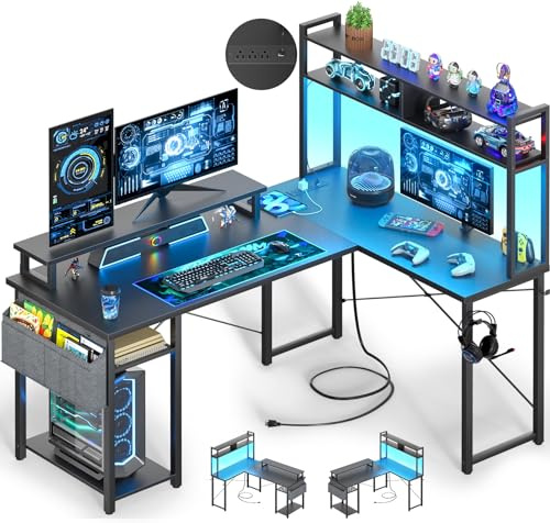 Besiost Small L Shaped Desk Gaming Desk with Power Outlets, 48 Reversible L Shaped Computer Desk with Monitor Stand & Storage Shelf, Corner Gamer Desk Home Office Desk with Storage Bag, Black