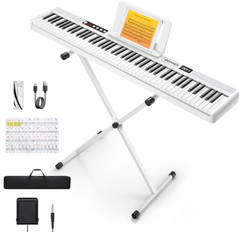 Donner DEP-1 Piano Keyboard 88 Tasten, Einsteiger Digital Keyboard Piano anschlagdynamische Tasten, tragbares E-Piano mit Ständer, Sustain Pedal, Tragetasche und Tastaturaufkleber, weiß