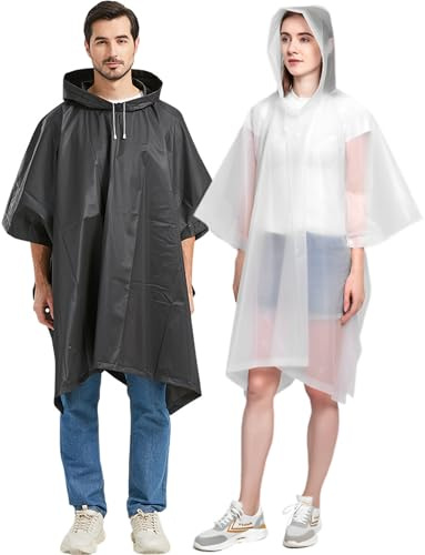 Cosowe Rain Ponchos Waterproof Adults, 2pcs Reusable Raincoats Portable, Family Pack Festival Plastic Coats for Women Men with Sleeves Hood