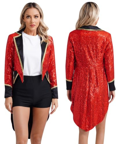 FEESHOW Damen Kostüm Zirkusdirektor Jacke Glitzer Pailletten Frack Vintage Mittelalter Karneval Fasching Kostüm Husar Schlagzeuger Uniform Mantel