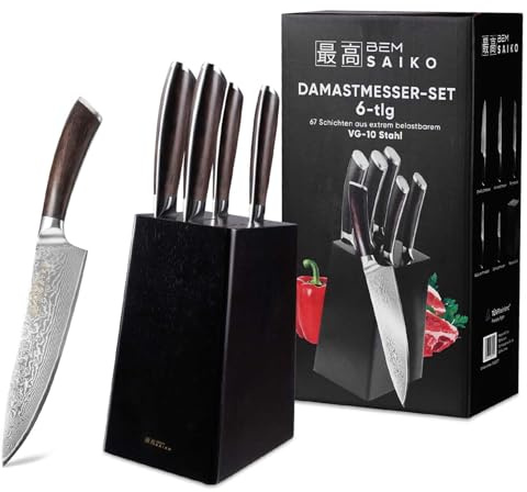 BEM Saiko 6-tlg. Damastmesser Japanisches Messerset VG-10 Stahl Messerblock | Damast Knife Set mit Damaskus Messer inkl. Kochmesser, Gemüsemesser, Allzweckmesser, Brotmesser, Tranchiermesser