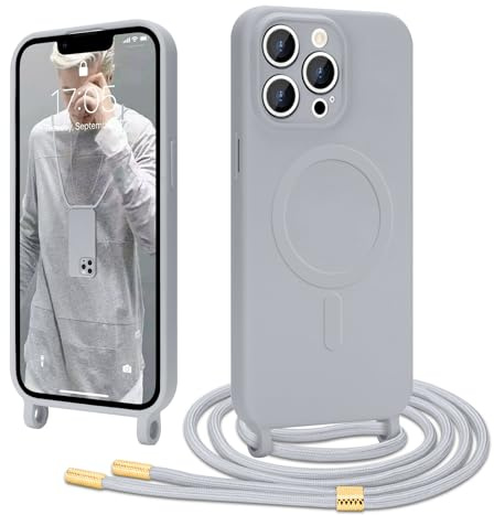 Ethanger Handyband für iPhone 13 Pro Max Hülle mit Band [Kompatibel mit Magsafe] Flüssig Silikon Necklace Handyhülle Magnetische Schutzhülle zum Umhängen Kordel für iPhone 13 Pro Max Grau