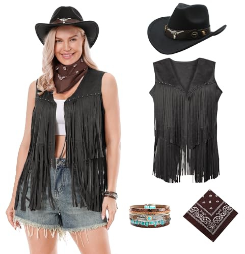 Dzorim Cowgirl Kostüm Damen Western Cowgirl Costume Hut Cowboy Outfits Damen Mädchen mit Hat Scarf Wristband für Karneval