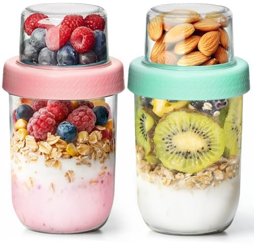 ComSaf Overnight Oats Container 480+120mL, 2 Pack Glass Overnight Oat Jars with Lids for Dry-Wet Separation, 16oz Yogurt Pots, Crunch Cup for Nut Cereal Fruit, Granola and Yoghurt Pots for Meal Prep