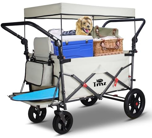 TMZ Folding Trolley with 2 Foldable Seats, Portable Push & Pull Handcart with Adjustable Handle Bar and Canopy, Transport Wagon for Beach Garden Walking Camping 265LBS Capacity (Beige)