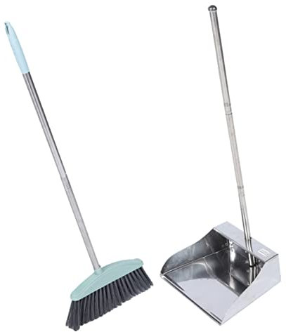 BEBEMOKO Stainless Steel Broom Dustpan Long Handle Floor Cleaning Tools Dust Pan Brushes for Household Cleaning