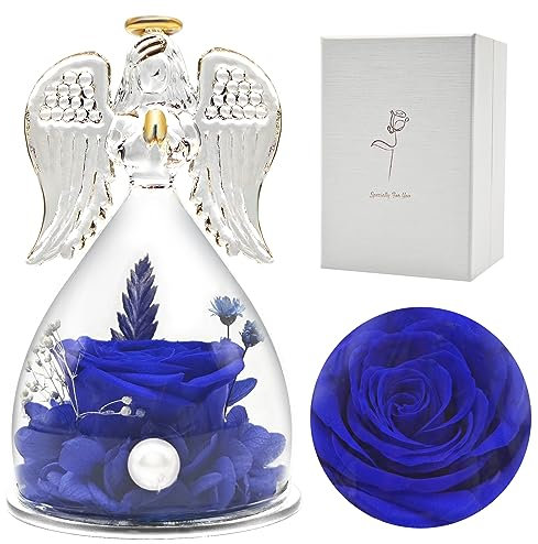 heekim Cadeaux d'anniversaire pour femme, anges avec rose éternelle, floral fait à la main, cadeau maman grand-mère épouse petite amie anniversaire Valentine cadeaux pour elle (bleu)