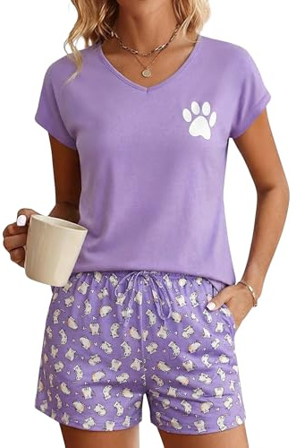 Jahetuul Pyjama Femme en Coton 2 Pièces Court Manches Courtes Col Rond | Coton doux, manches courtes, col rond, poches pratiques, ouverture boutonnée pour la nuit, la détente.