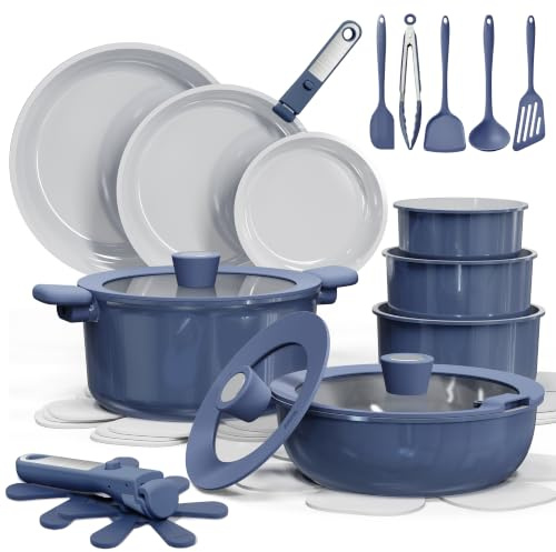 CAROTE 27pcs Ceramic Cookware Set Nonstick, Pots and Pans Set Non Stick, Non Toxic Cookware Detachable Handles, Dishwasher/Oven Safe, RV/Camping Cookware with Kitchen Utensils, Mothers Day Gifts