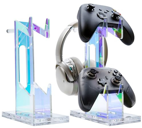 GDGDSY 2 Tier Gaming RGB Light Headphone & Controller Stand, Iridescent Controller Holder with USB Charging Ports, PS5, Xbox, Switch Compatible, Anti-Slip Stable