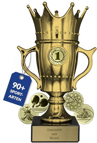 pokal-fabrik.de - Pokal mit Gravur Wunschtext in Gold mit Krone, 23,5 cm groß - personalisierte Auszeichnung & Sport Emblem nach Wahl - inkl. Marmorsockel - Geschenk-Trophäe | Pokal Kinder